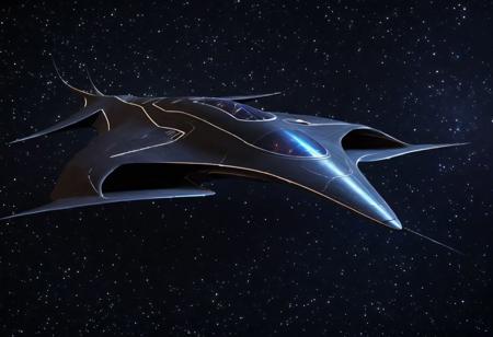 schematics of a medium sized sleek starship shaped similar to a manta ray without the tail.  schematic views
