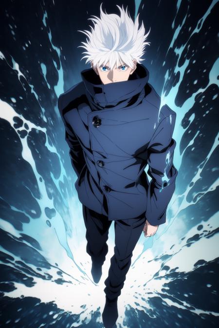 gojou satoru, 1boy, full body, white hair,  blue eyes, looking at viewer,
high collar, hair between eyes, black jacket,
 <lora:Kim_gojou satoru:0.9>