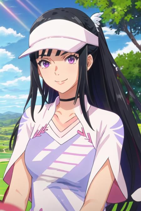 best quality, masterpiece, highres, solo, {amawashi_aoi_birdiewinggolfgirlsstory:1.15}, long_hair, black_hair, purple_eyes, smile, visor_cap, day, blue_hair, 1girl, choker, hat, outdoors, ponytail, baseball_cap, sky, cloud, looking_at_viewer, sportswear, tree, white_headwear