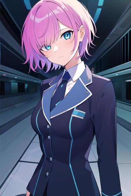 riri yuuhi, aqua eyes, pink hair, short hair, blue footwear, blue jacket, buttons, jacket, long sleeves, miniskirt, necktie, school uniform, skirt, thighhighs, zettai ryouiki