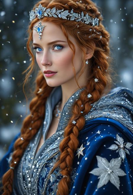 breathtaking detailed, masterpiece, absurdres, awe-inspiring, best quality, vibrant colors, nbn-freyja, beautiful woman, auburn hair, blue eyes, braids, silver tiara, blue robe with leafe and star inlays, looking over her shoulder, portrait, close up, realistic, blurry background