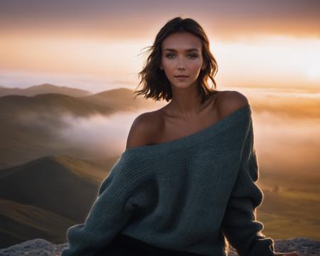 rachel_cook, <lora:RCookXL:1>, portrait, dark scene, sitting, smile, looking at viewer, from above, sharp focus, oversized_sweater, shoulder, ((sunset)), volumetric fog, outdoors, backlight