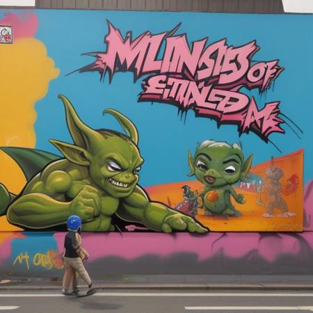 (Masterpiece of painting:1.3), modern streetart, graffitti art, writing, character, on a wall, huge, large, crazy painting, thick outlines, flat style, highlights, fadings, shading, (flat comic style character:1.3), simple color scheme, mascot, goblin, highly detailed, impressive, surprising, meaningful, fullscreen, taggings, frameless,