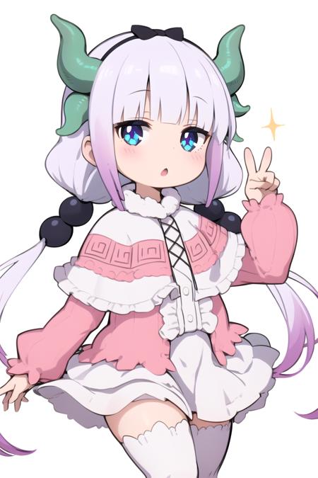 1girl, <lora:SaiKanna:1> , imkanna, dragon horns, low twintails, dress, capelet, white thighhighs, peace_sign, :o, white background, sparkle,