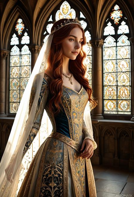 A beautiful medieval English princess standing in a grand stone castle hall illuminated by golden sunlight streaming through tall stained glass windows. She wears an ornate silk gown with embroidered floral patterns, a delicate jeweled circlet on her head, and a long flowing veil. Her expression is serene and noble, with long wavy auburn hair cascading over her shoulders. The scene includes carved gothic arches, tapestries, and a distant view of a medieval garden. Romantic soft lighting, high detail, Renaissance-inspired realism, 8k ultra HD, masterful portrait style, trending on ArtStation, by Greg Rutkowski and Alphonse Mucha.