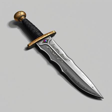 old dagger, (one sided curved blade), wavy blade, laying on table, (engravings),  (one gem), grey background,  (colored drawing)
