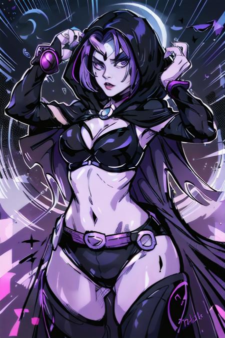 1girl, raven, black leotard, black cape, hood, purple hair, forehead jewel, purple eyes, short hair, belt, skin tight, standing, cleavage, toned, breasts, pose, night, moonlight, ((posing)), motion lines, torso, upper body, portrait, b&w. outline,   <lora:r3ven:1>