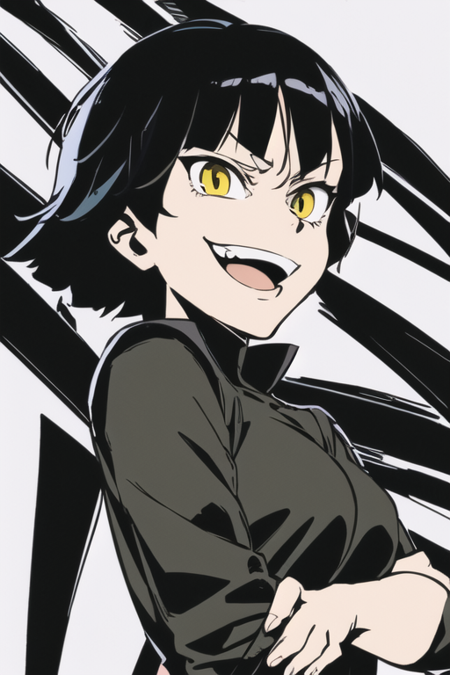 masterpiece, high quality, 1girl, medium long shot, low angle, arms crossed, yellow eyes, black shirt, (smirking), open mouth, short black hair, bangs, looking at viewer, motion <lora:ttgl-eyecatch-original-000005:0.8>