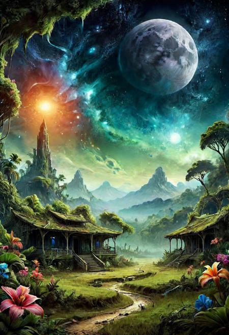 Concept Art, (masterpiece: 0.4) high detailed, bright natural lighting, shadows, high contrast, a tropical Forest in alien planet, two big moons in sky, Old civilization big abandoned long time ago spaceship, seeing (mythical alien like not on earth plantations Neon lights on Flower kind plants) Trees plants and flowers from the ground view from below, atmospheric dreamscape painting, dream scenery art, highly detailed visionary art, CGI style, vibrant oil painting, splash art, Cozy mystery, masterpiece 8k wallpaper, neoplasticism, Unreal Engine, dramatic lighting vines, overgrown, ink stains, ink splatters, ink runs, ink spots, faded ink,ral-dissolve, linquivera, liiv1, on parchment