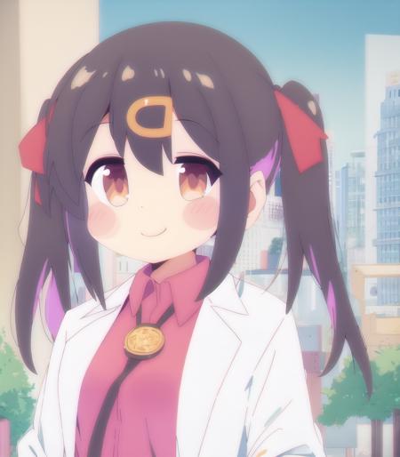 1girl, full body, straight-on, looking at viewer, light smile,  blush stickers, (short twintails:1.2), black hair, hair ribbon, red ribbon, ((hairclip)), closed mouth, ((white long coat)), collared shirt, red shirt, labcoat, long sleeves, hands in pocket, belt, belt buckle,  black miniskirt, solo, bare tree, building, city, cityscape, day, outdoors,  street, tokyo \(city\), tree