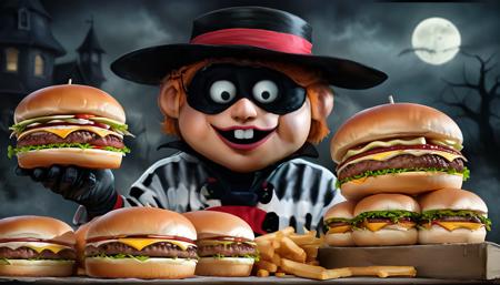 Horror-themed  <lora:HamburglarXL:.8> Hamburglar a bunch of hamburgers . Eerie, unsettling, dark, spooky, suspenseful, grim, highly detailed