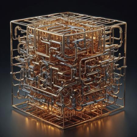 raw photograph of a surreal cube constructed entirely of interwoven brass pipes in qu4ntum style, glowing silver wires spiraling along the edges, intricate golden circuitry engraved across the surfaces, quantum energy pulses radiating softly from its hollow core, set against a dark void with swirling neon energy trails