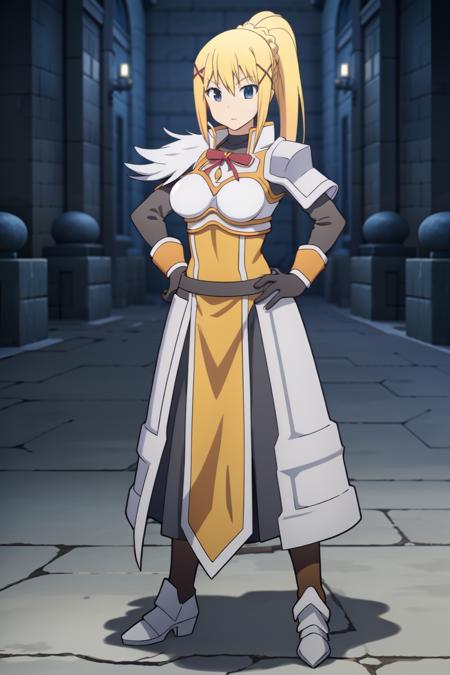 <lora:DarknessV2:0.7>
1girl,solo,long hair,breasts,looking at viewer,blonde hair,hair ornament,gloves,ribbon,standing,full body,ponytail,boots,black gloves,armor,hand on hip,x hair ornament,shoulder armor,pauldrons,darkness (konosuba)