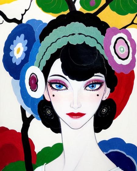 <lora:Umberto_v2:0.7>,1girl, solo, looking at viewer, short hair, bangs, blue eyes, black hair, hair ornament, hat, closed mouth, upper body, flower, hair flower, tree, cup, lips, eyelashes, mole under eye, makeup, rose, colored skin, headphones, leaf, mouth hold, traditional media, plant, lipstick, pale skin, portrait, pink flower, eyeshadow, curly hair, white skin, drinking straw, realistic, drink, branch, red lips, painting (medium), abstract, faux traditional media, Umberto