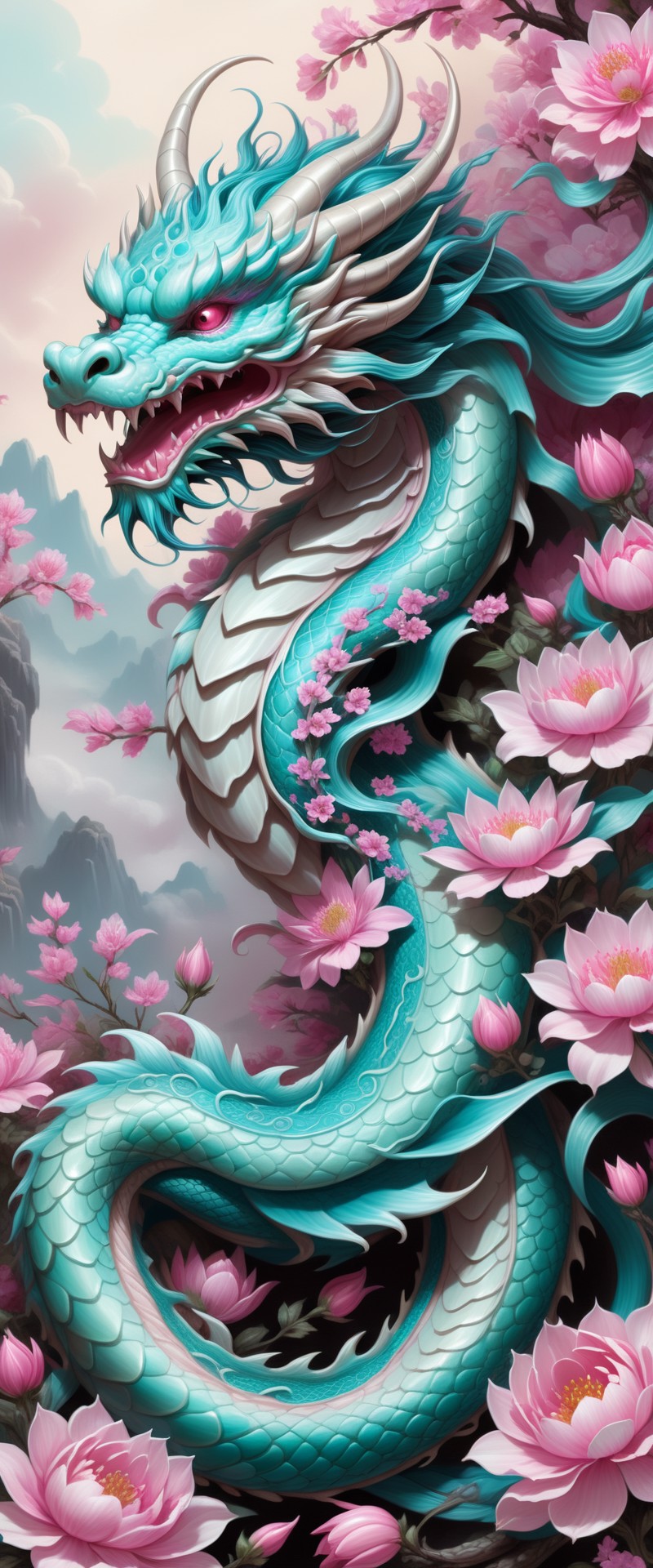 illustration of a cyan chinese dragon surrounded by pink flowers, the dragon has a long body akin to a snake, his long bod...
