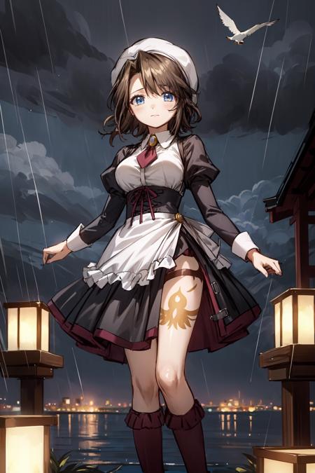 (masterpiece),(best quality),  <lora:Shannon:0.85>, shannon, maid outfit, ushiromiya tattoo, thigh tattoo, apron, bonnet, brooch, kneehighs, necktie, outdoors, (night), cloud, rains, japanese altar, seagull, yellow butterfly, looking at the viewer, <lora:Adddetail:0.8>