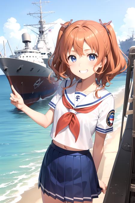 YanagiwaraMaron orange hair, blue eyes, two side up, hair ribbon serafuku, sailor collar, blue skirt, red neckerchief, short sleeves