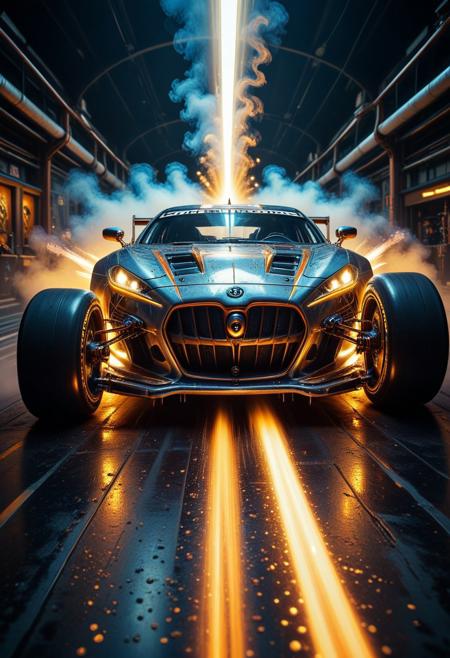 qu4ntum, photo, realistic, closeup, quantum punk race car, urban track, polished metal, steam, pumps, piping, outdoors, dramatic lighting, lens flare, reflections, cinematic lighting, volumetric lighting, masterpiece, best quality, master aesthetic, maximum detailed, absurdres, bokeh, film grain, aidmaImageUpgrader, smoke, 3/4 perspective