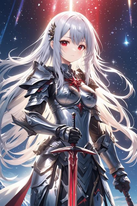 masterpiece, kawaii, anime, moe, aesthetic, extremely beautiful,
1girl, solo, standing, (holding sword:1.5), front view, looking at viewer, from below, close up,
silver hair, straight hair, long hair, blunt bangs, red eyes, determined, serious,
large breasts, holy knight, armor dress,
scenery, mountain, fantasy, midnight, night sky, sparkles, light particles, glowing light, bloom, ambient occlusion,
best quality, extremely high quality, high quality, ultra quality