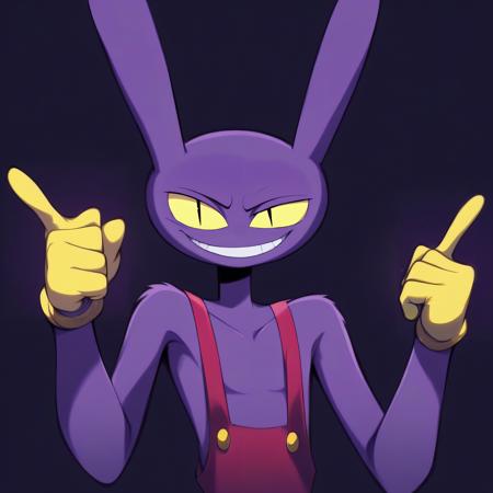 JaxAmazing , bunny man , purple fur , yellow gloves, purple overalls, naked overalls , pointing at the camera , dark lighting , black and white and red eyes , anime style <lora:JaxAmazingSDXL-000007:0.9>