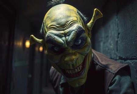 Create a close-up of a grotesque Shrek Joker hybrid in a dark, ominous corridor inspired by 'Corridor to Dark World' by Lotte Victor Nizovtsev. Incorporate elements of mikado, , and surrealism, with an airbrushed, triadic color scheme reminiscent of William-Adolphe Bouguereau and Artgerm. Ensure the image is intensely beautiful, with micro and lifelike details in high-definition quality.