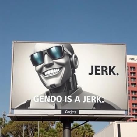 A billboard of a robotic Jack Nicholson wearing sunglasses and smiling, with ((text:"GENDO IS A JERK."))