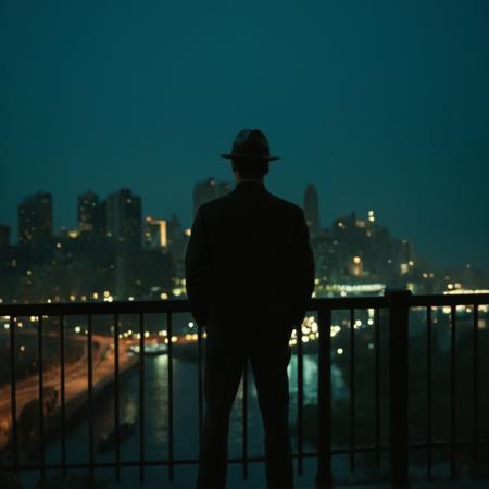 cinematic film still of classic film noir style <lora:Classic Film Noir style:1> 
a person standing on a bridge at night,cinematic,film,Hollywood,crime,drama,dramatic,dramatic light,low light,dim light,low-key light,shadow,partially covered in shadow,window light,dark light,cynical,1940s,1950s,classic,vintage,retro,visual style,realistic,film still,black film,night light,blue hour,motion picture,filmmaking style,neorealism,classic film noir style,solo,1boy,standing,male focus,outdoors,sky,water,from behind,night,building,scenery,reflection,walking,city,railing,silhouette,road,cityscape,dark,bridge,lamppost,city lights, silhouette, green hue, green tint, shallow depth of field, vignette, highly detailed, high budget, bokeh, cinemascope, moody, epic, gorgeous, film grain, grainy