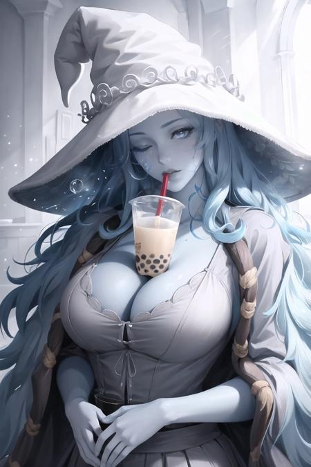 Highly detailed, High Quality, Masterpiece, beautiful, Ranni, <lora:Ranni:0.8>, 1girl, solo, wavy hair, blue skin, cracked skin, extra arms, boobatea, with a cup of bubble tea on her boobs, lips on the straw, drinking through the straw, <lora:Pos_BoobaTea:0.8>