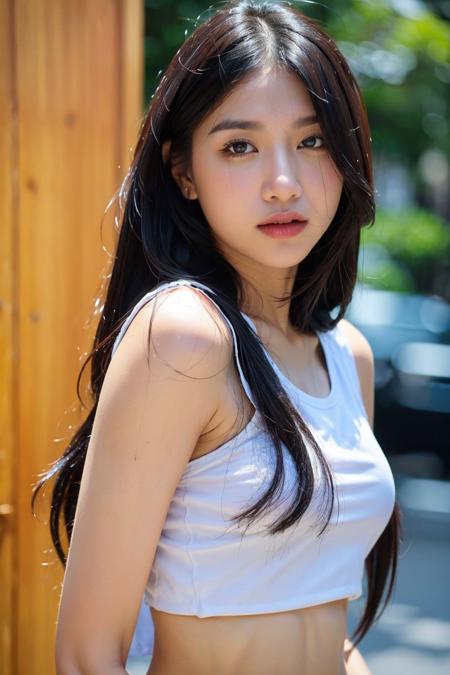 (best quality:1.4), (ultra highres:1.2), (photorealistic:1.4), (8k, RAW photo:1.2),(portrait shot:1.3), bmangpor, 1girl, solo, long hair, black hair, upper body, white shirt, crop top, navel, <lora:bmangpor-04:0.65>