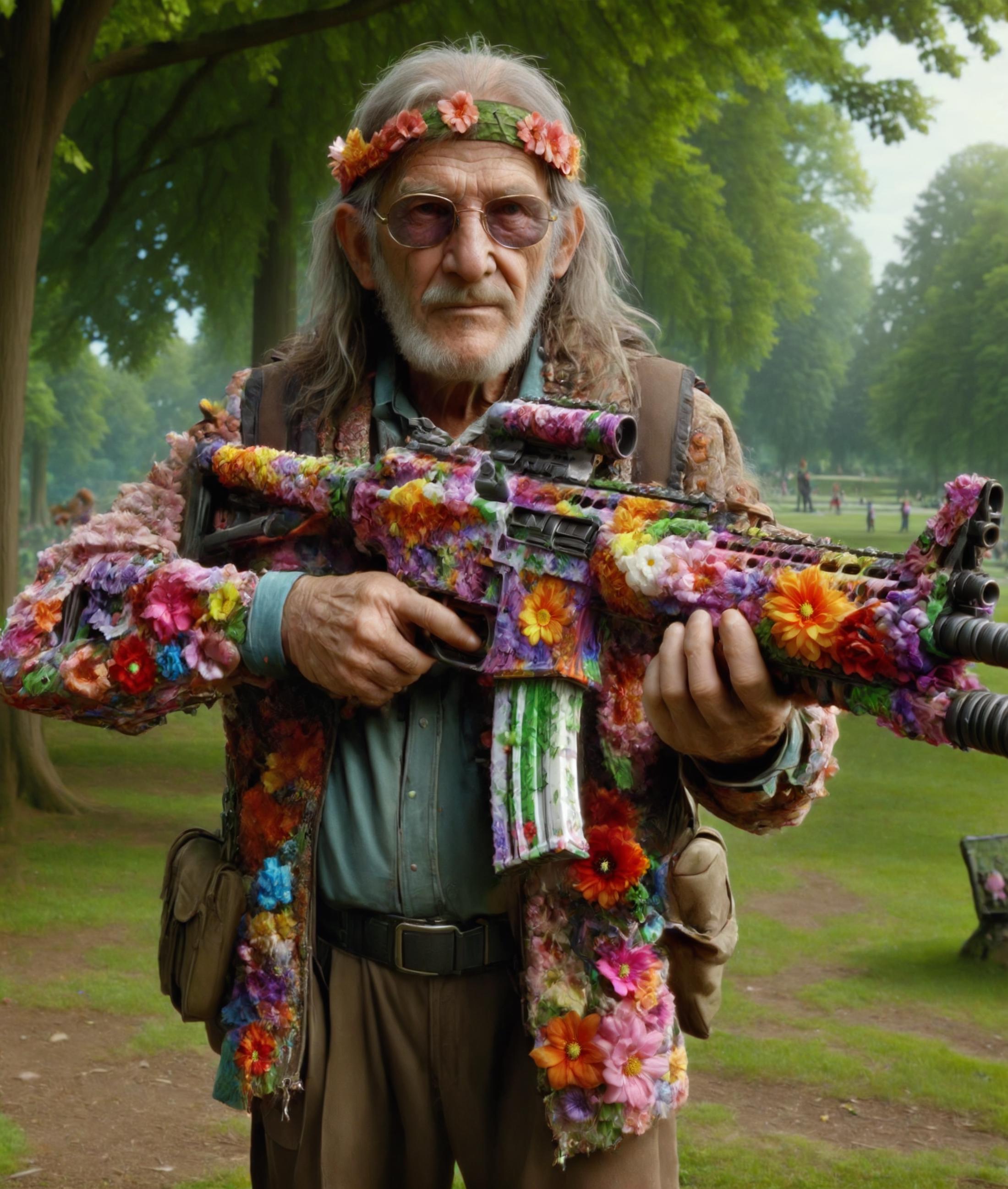 An old man with a flowered hat and a rainbow-colored gun.
