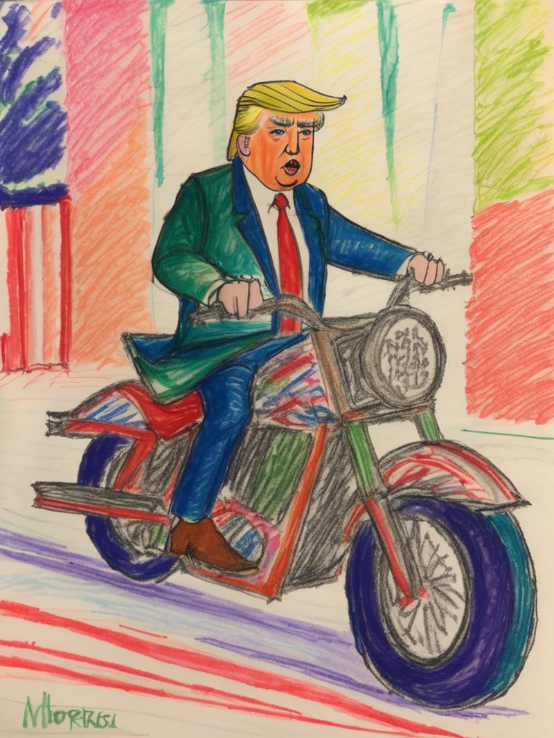 A cartoon drawing of President Trump riding a motorcycle.