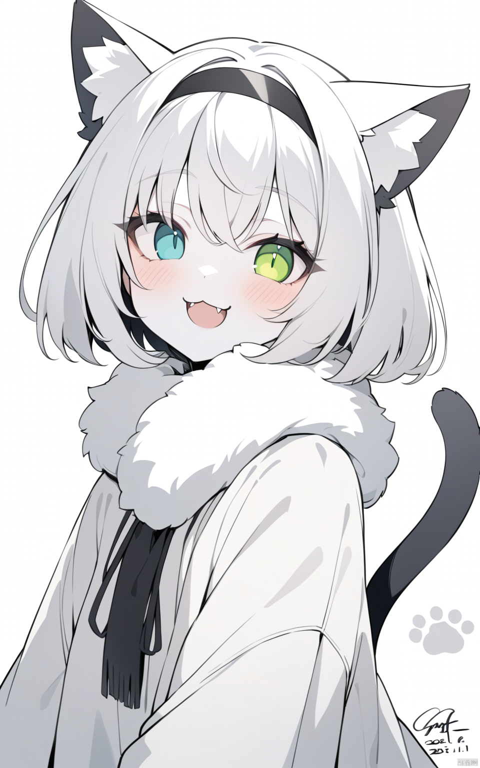 1girl, best quality, colored sclera, heterochromia, furry female, open mouth, cat tail, white background, furry, pawpads, ...