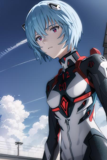 reiayanami, <lora:rei ayanami rebuild-lora-nochekaiser:1>, 
rei ayanami, (ayanami rei:1.2), blue hair, short hair, (red eyes:1.2),
BREAK bodysuit, headgear, plugsuit, white bodysuit,
BREAK outdoors, city, sky, sun, clouds,
BREAK looking at viewer, (cowboy shot:1.5),
BREAK <lyco:GoodHands-beta2:1>, (masterpiece:1.2), best quality, high resolution, unity 8k wallpaper, (illustration:0.8), (beautiful detailed eyes:1.6), extremely detailed face, perfect lighting, extremely detailed CG, (perfect hands, perfect anatomy),