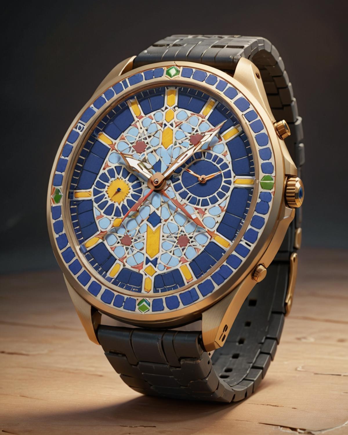 A Blue and Gold Watch with Gold Trim and Black Band.
