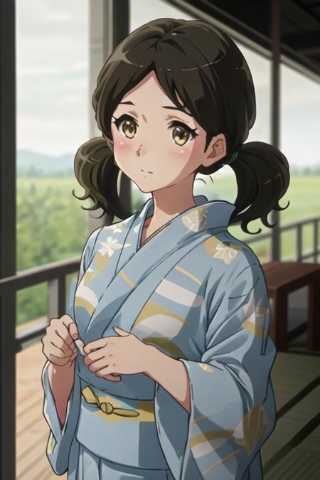 best quality, masterpiece, highres, solo, {yukata:1.40}, {kimono:1.20}, {ogasawara_haruka_soundeuphonium:1.15}, brown_hair, twintails, serafuku, blush, brown_eyes, yellow_eyes, black_hair