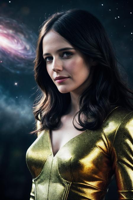 EvaG_SoloTI_v1,
(Clad in gleaming golden armor, adorned with the Infinity Gauntlet, exuding an aura of unstoppable power), (A cosmic battlefield, with swirling galaxies and stars as the backdrop, alive with the energy of the universeâs might:1.3), (seductive:1.3),(analog, cinematic, film grain, hazy atmosphere, cinematic shot:1.3),
 <lora:add_detail:0.6>, PA7_Portrait-MCU,