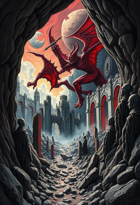 I also stood in Satan’s bosom & beheld its desolatons:
A ruin’d Man, a ruin’d building of God not made with hands;
Its plains of burning sand, its mountains of marble terrible;
Its pits & declivities flowing with molten ore & fountains
Of pitch & nitre; its ruin’d palaces & cities & mighty works;
Its furnaces of affliction, in which his Angels & Emanations
Labour with blacken’d visages among its stupendous ruins,
Arches & pyramids & porches, colonnades & domes,
In which dwells Mystery, Babylon; here is her secret place;
From hence she comes forth on the Churches in delight;
Here is her Cup fill’d with its poisons, in these horrid vales,
And here her scarlet Veil woven in pestilence & war;
Here is Jerusalem bound in chains, in the Dens of Babylon.