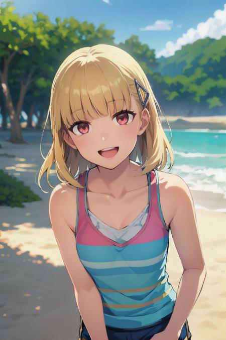 portrait, sharp focus, soft lighting, illustration, depth of field, outdoors, beach, blue sky,  rosetta1, 1girl, solo, happy, :D smiling, short hair, blonde hair, red eyes,  blunt bangs, hairclip, bare shoulders, striped, tank top, shorts,  <lora:rosetta1-000003:0.75>