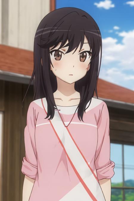 best quality, masterpiece, highres, solo, {ichijou_hotaru_nonnonbiyori:1.15}, black_hair, long_hair, brown_eyes, blush, brown_hair, 1girl, looking_at_viewer, striped, anime_coloring