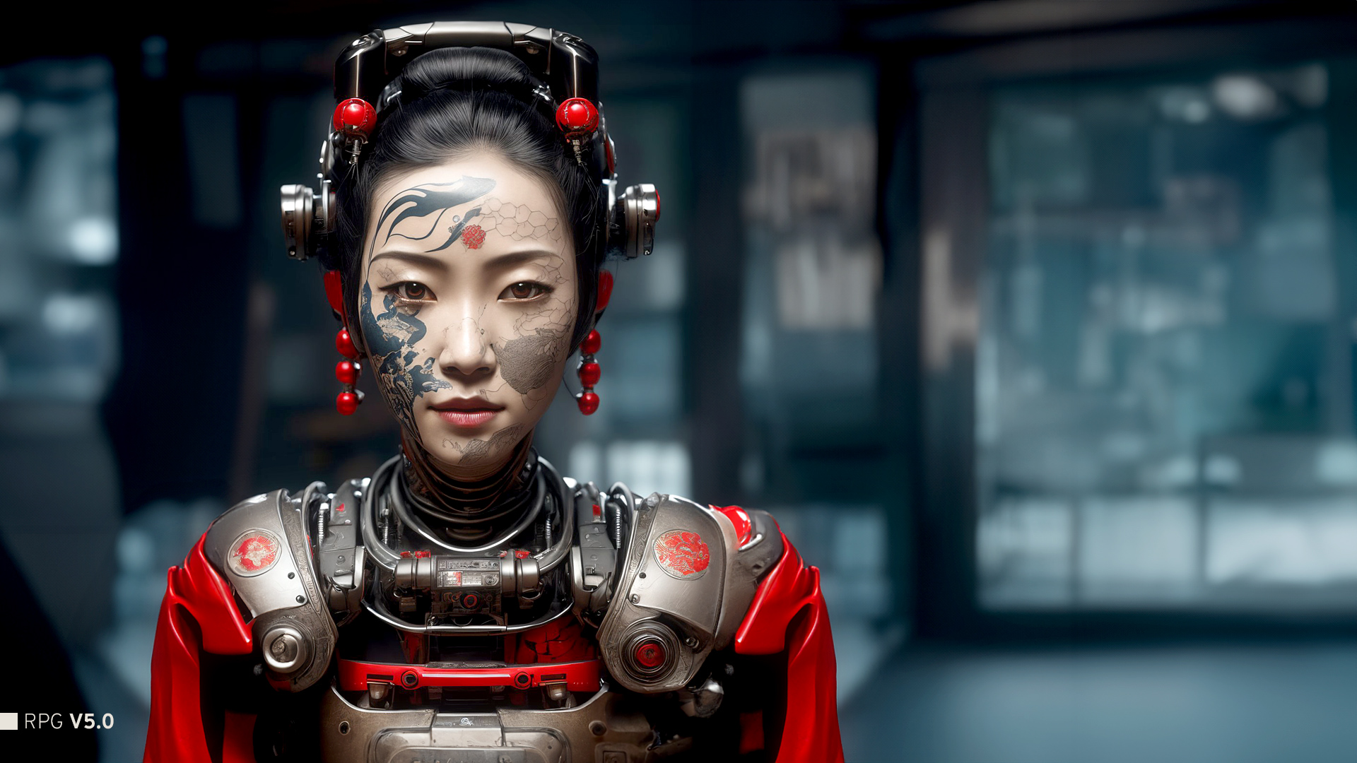 an epic fantastic realism comic book style portrait painting of a japanese robotic geisha with kanji tattoos and decals, a...