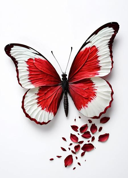 "A butterfly made entirely of deep red rose petals, gracefully soaring in mid-air against a pure white background. As the butterfly flies, individual rose petals gently fall from its wings, creating a trail of rich, velvety red petals fluttering downward. The butterfly's wings are intricately crafted with layered petals, showing lifelike movement and texture, while the scattered petals below create a sense of motion and elegance. The white background provides a clean, minimalist contrast, emphasizing the vivid red of the petals and the delicate, romantic beauty of the scene." <lora:mother:0.8> <lora:Rembrandt Lighting Style:0.4>, close-up , detailed , magnified , by Robert Mapplethorpe, Olegas Truchanas, Karl Blossfeldt, Thomas Shahan, David Liittschwager