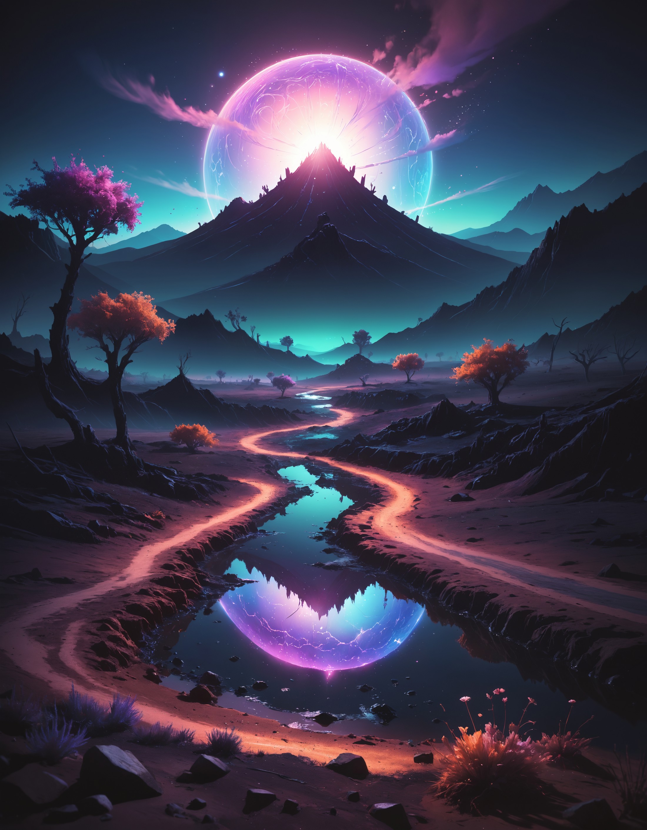(zavy-mthcl:1.3), illustration of an iridescent landscape, surreal, particles, chromatic aberration, lens dirt, scenery, g...