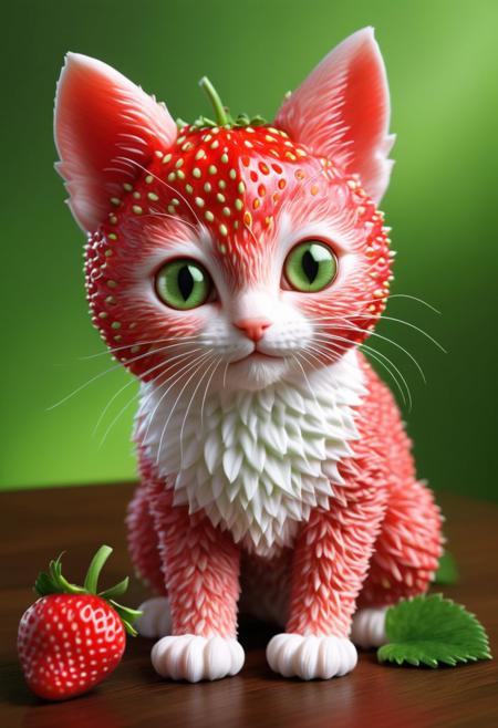 Create an image of a whimsical creature that resembles a small kitten with the texture and color of a ripe strawberry. The creature's body and face are covered in strawberry red, with characteristic seed-dotted skin. It has green leaf-like structures mimicking ears and a ruff around its neck, as if the top of a strawberry was placed on its head. This kitten-like entity has round, innocent eyes, a small pink nose, and delicate white whiskers. Its pose is seated, with one paw slightly raised as if it were about to take a gentle step, and its tail curls behind its body, appearing plump and strawberry-like as well. Surrounding the creature are actual strawberries of a similar shade of red and with green caps, scattered on a glossy wooden surface. In the soft-focused background, hints of indoor plants in shadows create an almost ethereal setting. The overall atmosphere is quaint and charming, evoking a sense of magical realism.