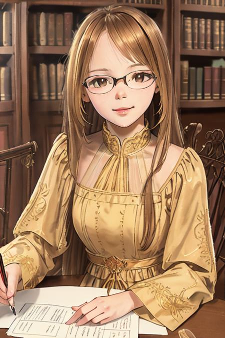 AM149_Anna_Jitkova,
25 years old woman in (thick frame glasses) weared (long-sleeve high neck dress:1.2)
sitting at the table in the library, <lora:LowRA:0.3>,
soft light, golden hour, cheerful mood, shoulder shot, close up, 
intricate, highly detailed, insane details, intricate details