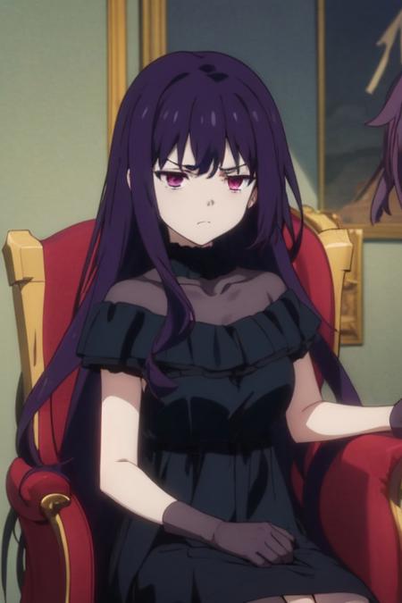 tensei oujo to tensai reijou no mahou kakumei anime lineart, 1girl, solo tilty claret, purple eyes, dark purple hair, black choker, black dress, long dress, black gloves, black bowtie, siting on livingroom chair, serious face