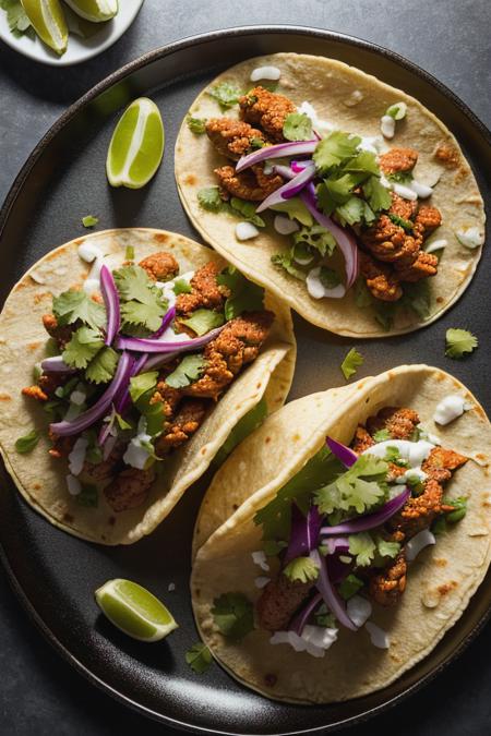 Photo of delicious looking tacos on table, photorealistic, hyper quality, intricate detail, masterpiece, 8k,