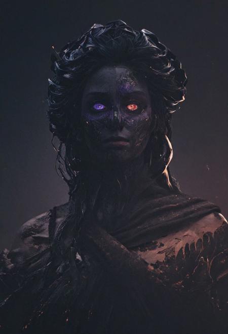 Completely black screen, absolutely nothing, pure black, detailed, but the old goddess with glowing darkviolet eyes are rising, FastNegativeV2, double exposure