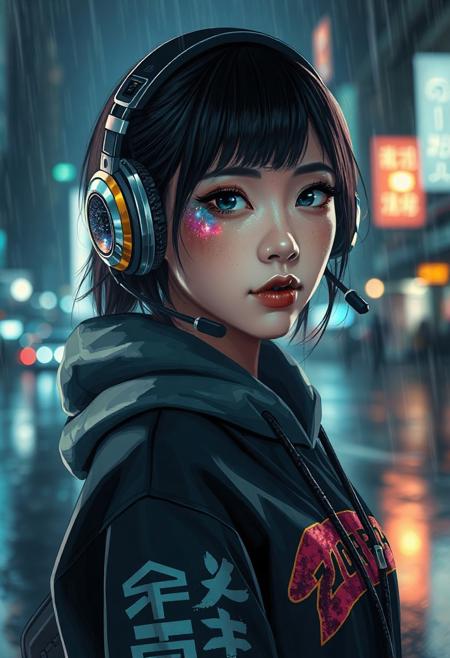 Half-Japanese female hacker. More Caucasian with freckled nose and cheeks. Teal lipstick. Aged 28. Cyberpunk clothing. Hi tech chrome and carbon fibre one eared headset. Bold graphic styled Hoodie with Japanese lettering down a sleeve and a bold golden stripe down each sleeve   The girls eye pupils have swirling Galaxy of stars and specks floating in a nebula pattern   Posed in front of a Rainy city at nite