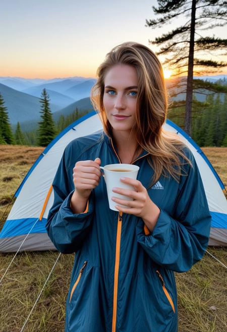 (beautiful brown hair with blonde highlights woman), (blue eyes),
After finishing the last sip of her coffee inside the snug two-person tent, she steps out into the crisp morning air, the soft golden light of dawn washing over the landscape. Her shoulder-length  hair, tousled from sleep, flutters gently in the breeze, framing her face with a natural, effortless beauty. Just a few feet from the tent, she stands barefoot in the dewy grass, holding the now-empty cup loosely in one hand. Her blue eyes gaze out over the quiet world—misty mountain peaks in the distance, tall pines swaying, and the sky glowing with the promise of a new day.
Her arms, fully adorned in elegant, artful tattoos, catch the morning light, the ink seeming to shift with every movement. The warm orange of the tent behind her contrasts with the cool hues of the forest, adding to the peaceful charm of the moment. The air smells of pine and damp earth, grounding her in a sense of calm and stillness. She takes a deep breath, closing her eyes briefly, the breeze brushing against her skin, the day ahead quietly waiting. The coffee is gone, but the moment lingers—pure, quiet, and full of quiet beauty.