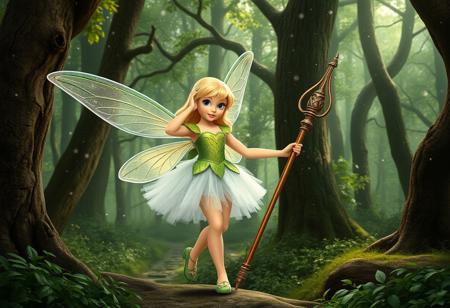 In an ancient enchanted forest where fairy dust wafts, a beautiful centaur girl, Tinker bell, holds a magic staff in her right hand, has fairy wings, a white tulle dress, blue eyes, and a fully standing full-length figure.